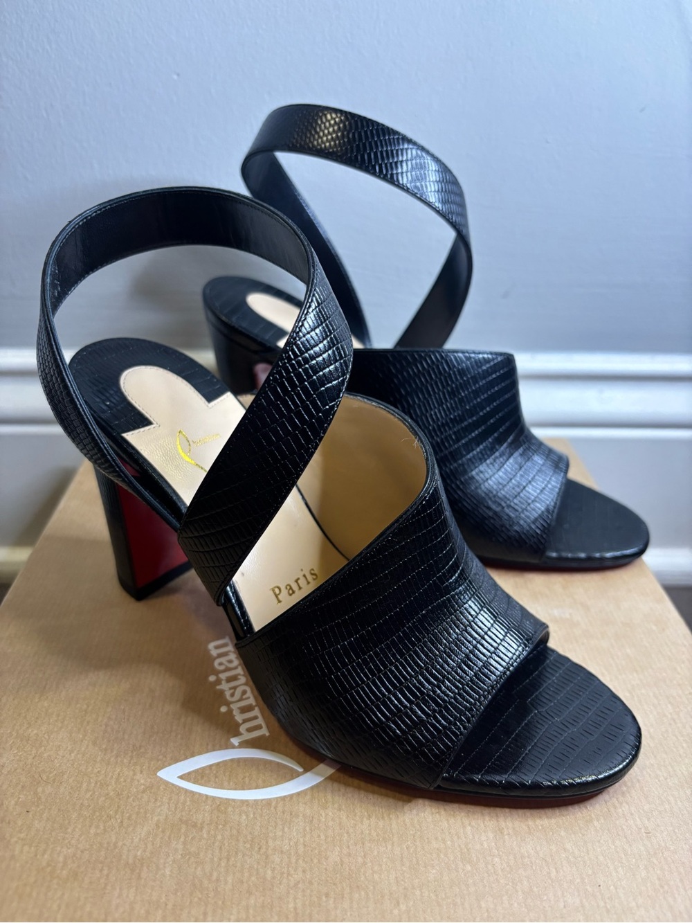 Christian Louboutin Black Textured Leather Slingback Block Heels
